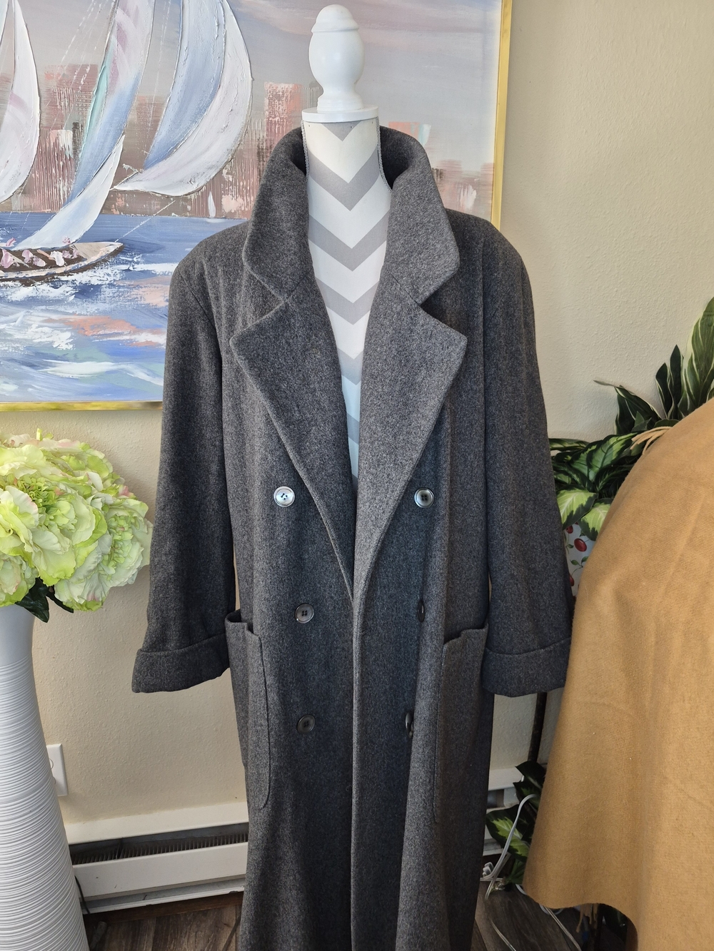 Vintage Anne Klein Long Double-Breasted Trench Coat with Faux Fur Collar - Gray